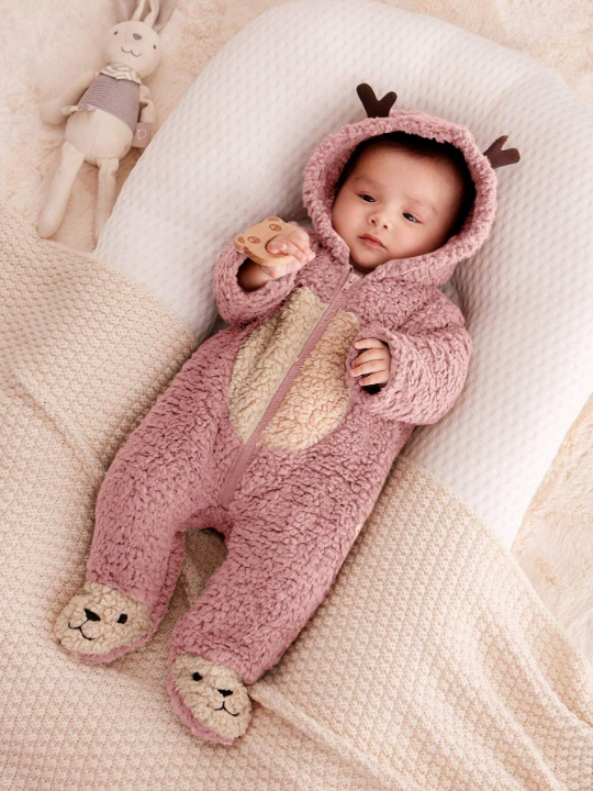 Cozy Cub Newborn Baby Girls' & Boys' Thickened Hooded Romper With Antlers Design