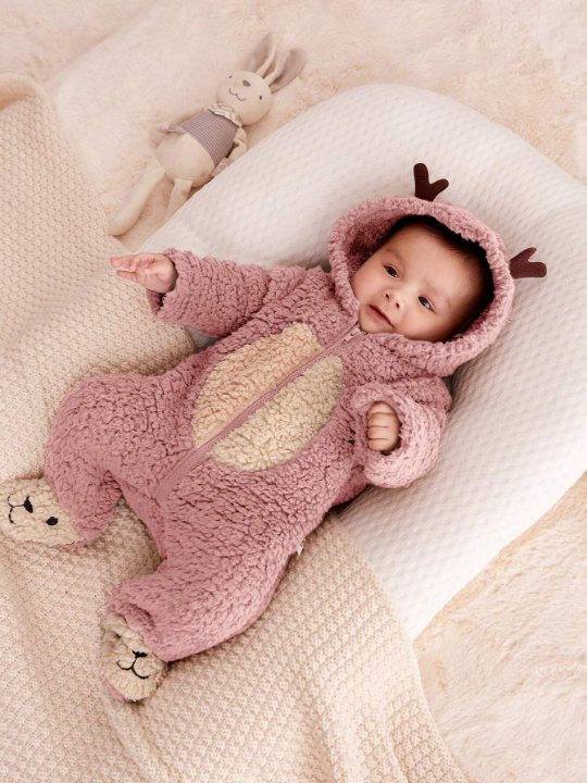 Cozy Cub Newborn Baby Girls' & Boys' Thickened Hooded Romper With Antlers Design