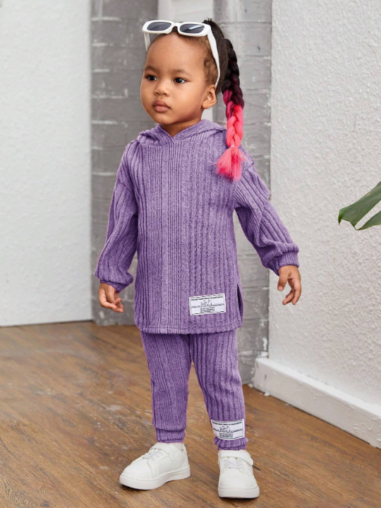 Baby Girls' Casual Letter Printed Patch Ribbed Tracksuit