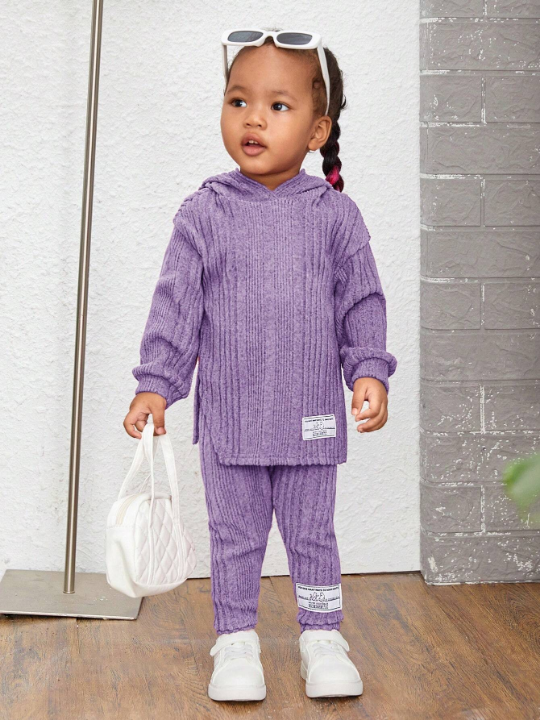 Baby Girls' Casual Letter Printed Patch Ribbed Tracksuit