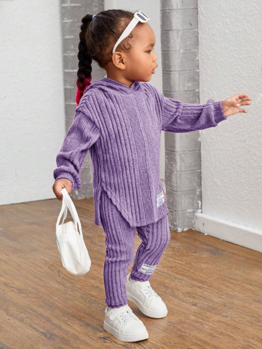 Baby Girls' Casual Letter Printed Patch Ribbed Tracksuit