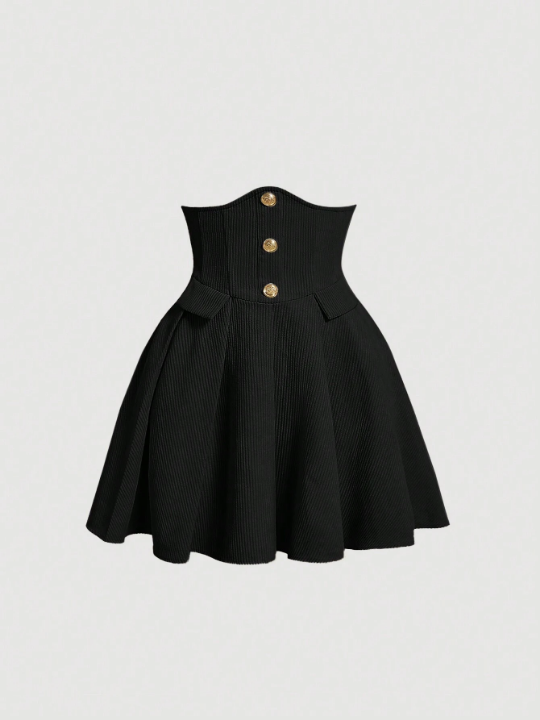 MOD Button Decorated Corduroy Black Super High Waisted Skirt