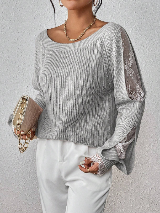 Priv Women'S Lace Patchwork Raglan Sleeve Sweater