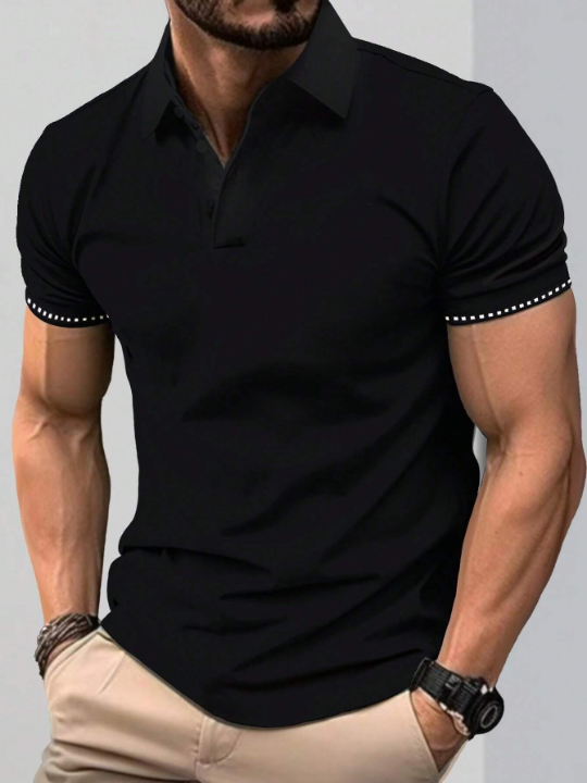 Manfinity Men's Solid Color Polo Shirt With Rivet Design On Sleeves