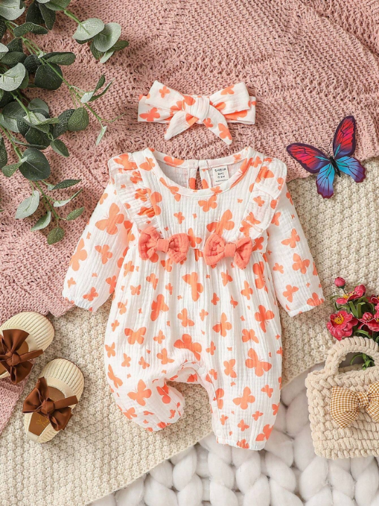 Newborn Baby Girls' Butterfly Printed Jumpsuit With Headband