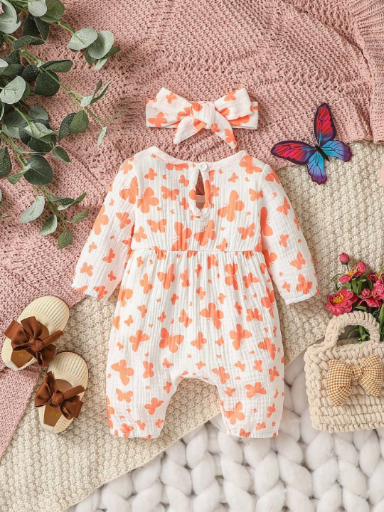 Newborn Baby Girls' Butterfly Printed Jumpsuit With Headband