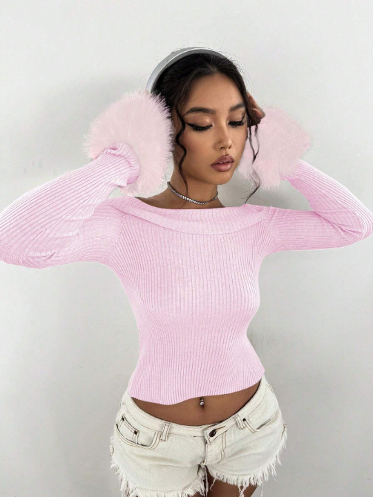 ICON Women's Off Shoulder Furry Sleeve Hem Sweater