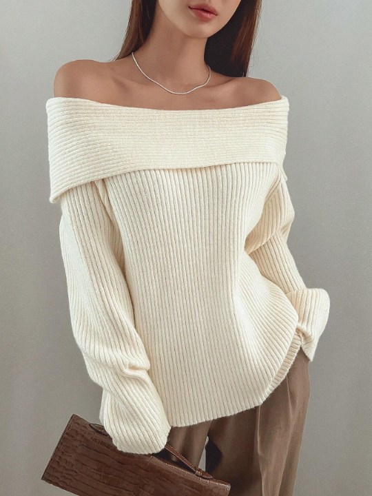 DAZY Women's Fold-Over Off Shoulder Solid Color Ribbed Knit Sweater