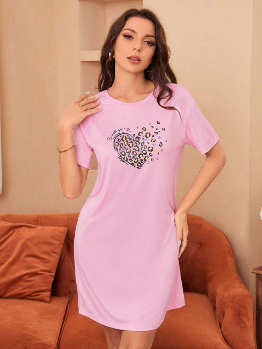 Women's Drop Shoulder Letter Heart Print Sleepwear Dress