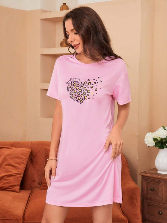 Women's Drop Shoulder Letter Heart Print Sleepwear Dress