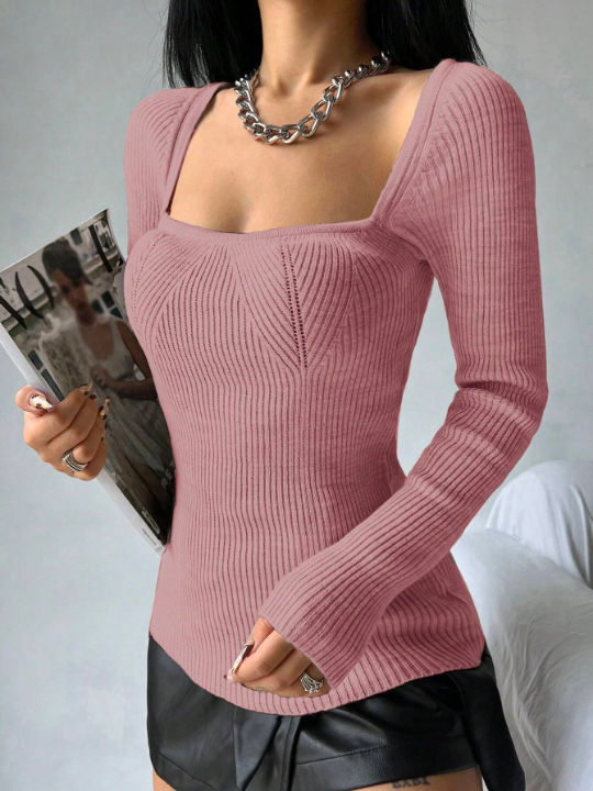 Square Neck Ribbed Knit Sweater