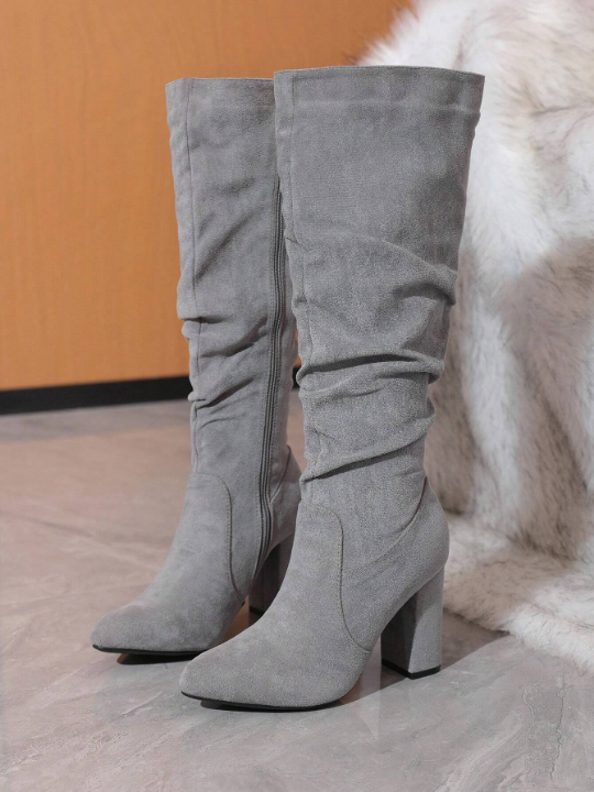 Women's Over-the-knee Chunky Heel Boots With Random Wrinkled Texture, Gray