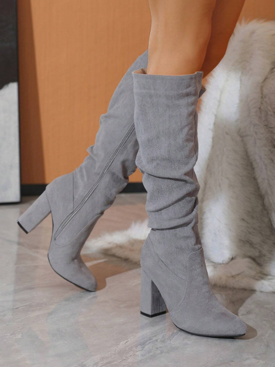 Women's Over-the-knee Chunky Heel Boots With Random Wrinkled Texture, Gray