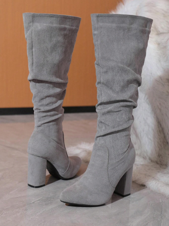 Women's Over-the-knee Chunky Heel Boots With Random Wrinkled Texture, Gray