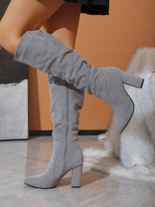 Women's Over-the-knee Chunky Heel Boots With Random Wrinkled Texture, Gray