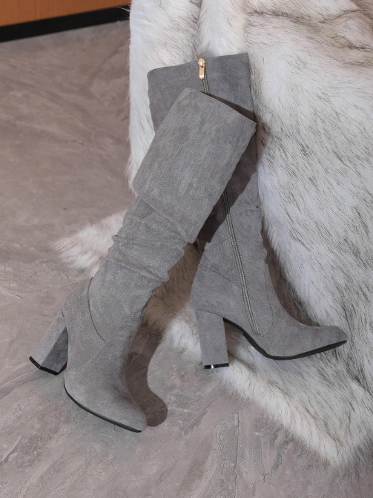 Women's Over-the-knee Chunky Heel Boots With Random Wrinkled Texture, Gray