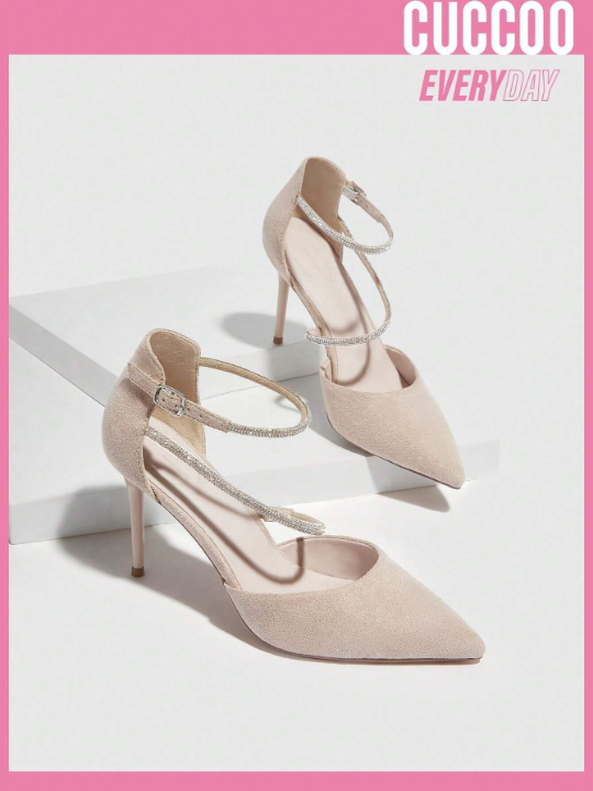 Cuccoo Everyday Collection Woman Shoes Rhinestone Decor Point Toe Stiletto Heeled Ankle Strap Elegant Beige Outdoor Faux Suede Pumps For Spring And Summer