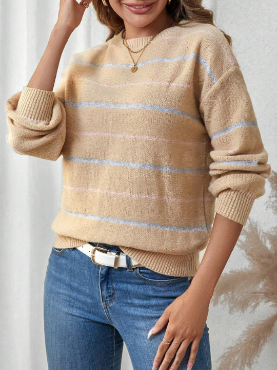 LUNE Women's Round Neck Striped Sweater