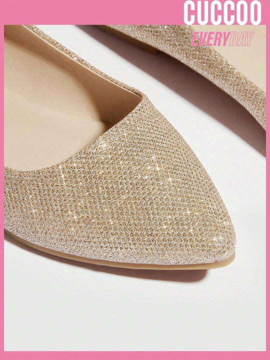 Cuccoo Everyday Collection Women Point Toe Ballet Flats, Glamorous Gold Glitter Flat Shoes