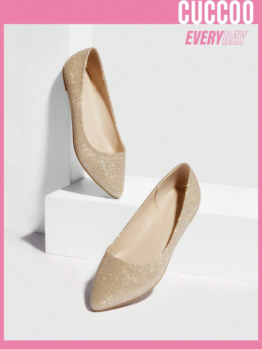 Cuccoo Everyday Collection Women Point Toe Ballet Flats, Glamorous Gold Glitter Flat Shoes