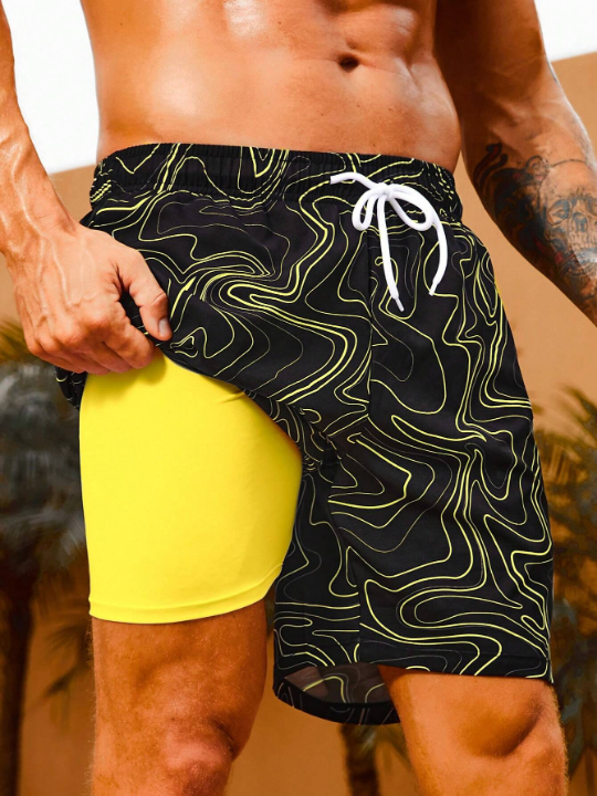 Manfinity Swimmode Men's Marble Pattern Print Drawstring Waist Beach Shorts