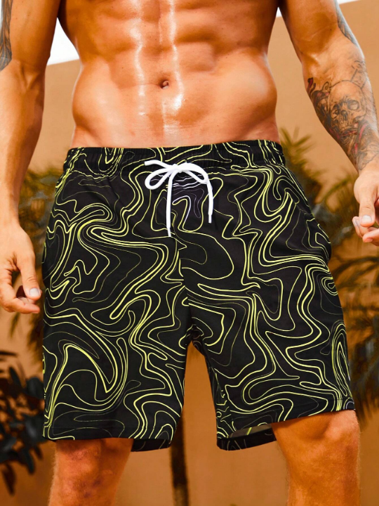 Manfinity Swimmode Men's Marble Pattern Print Drawstring Waist Beach Shorts