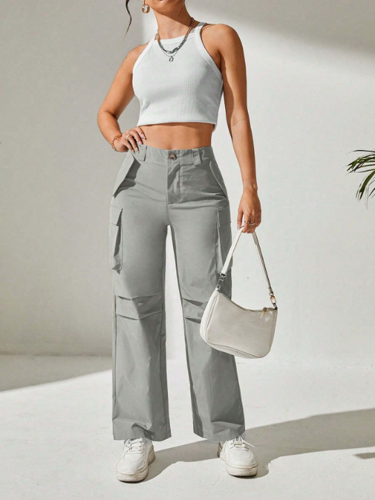 PETITE Women's Solid Color Flap Pocket Long Pants