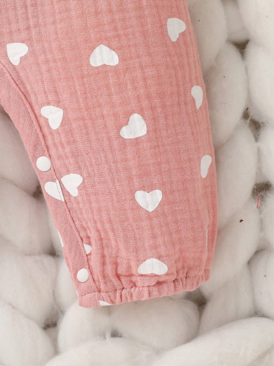 Newborn Baby Girls' Heart Print Jumpsuit With Bowknot Decor And Matching Headband