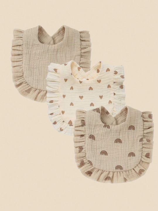 3pcs Baby Bibs With Ruffled Edge And Printed Gauze