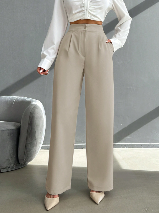 High Waist Plicated Detail Straight Leg Pants