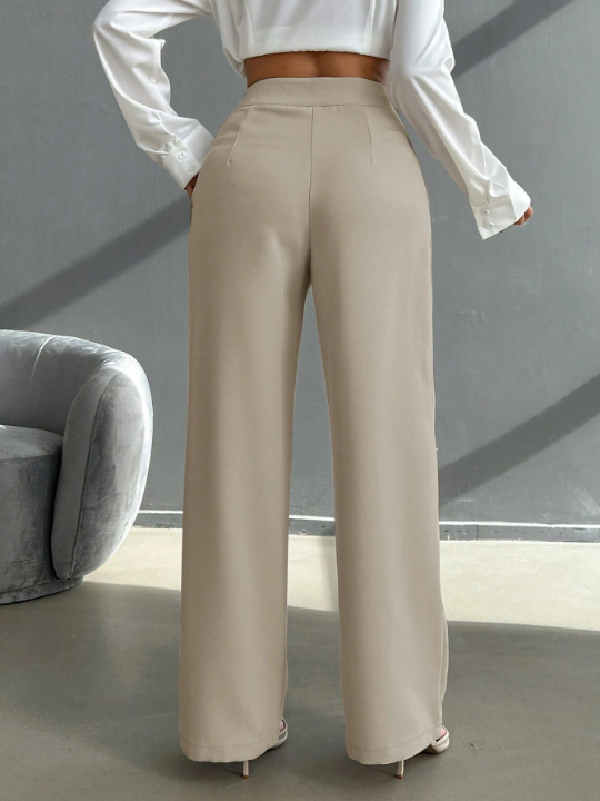 High Waist Plicated Detail Straight Leg Pants