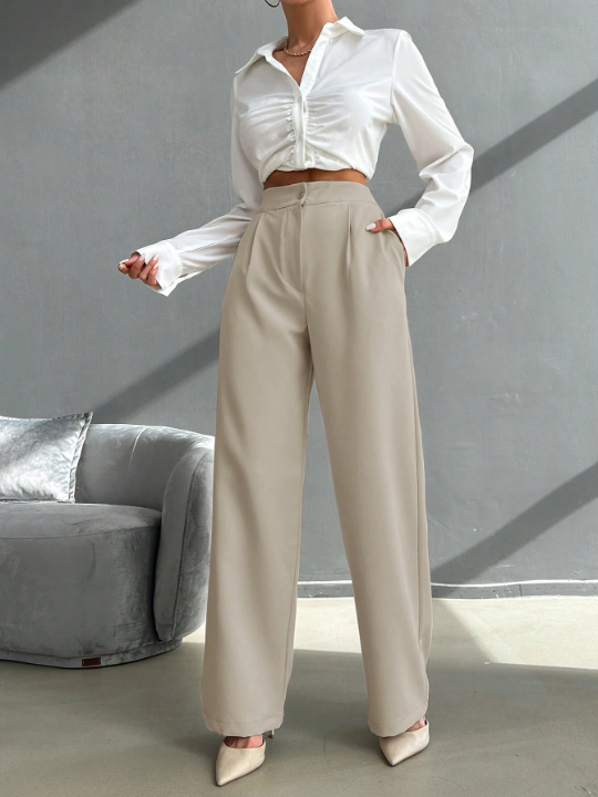 High Waist Plicated Detail Straight Leg Pants