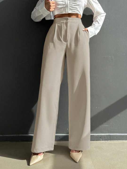 High Waist Plicated Detail Straight Leg Pants