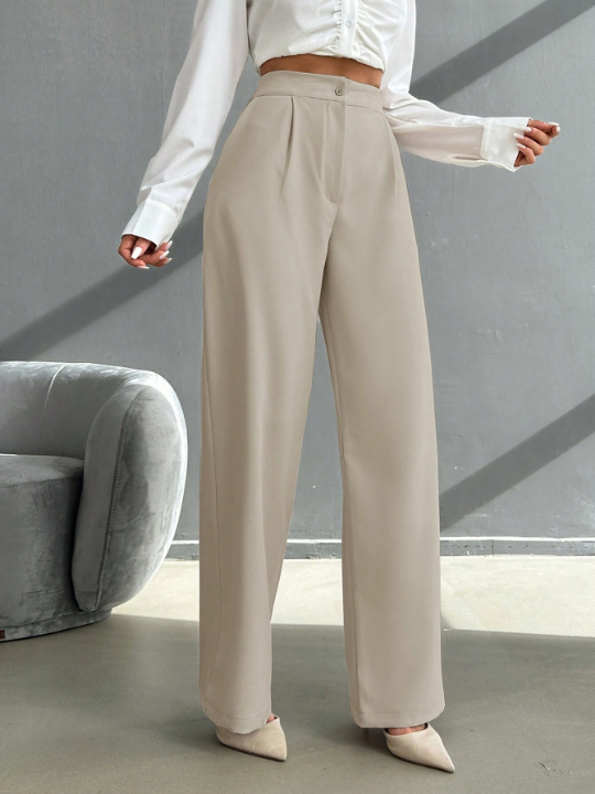 High Waist Plicated Detail Straight Leg Pants