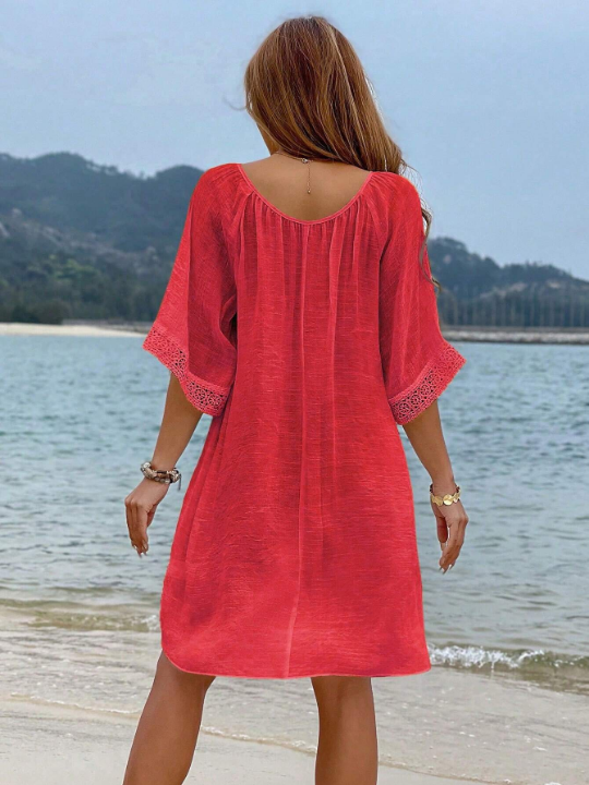 VCAY Tassel Tie Neck Contrast Lace Batwing Sleeve Cover Up Dress