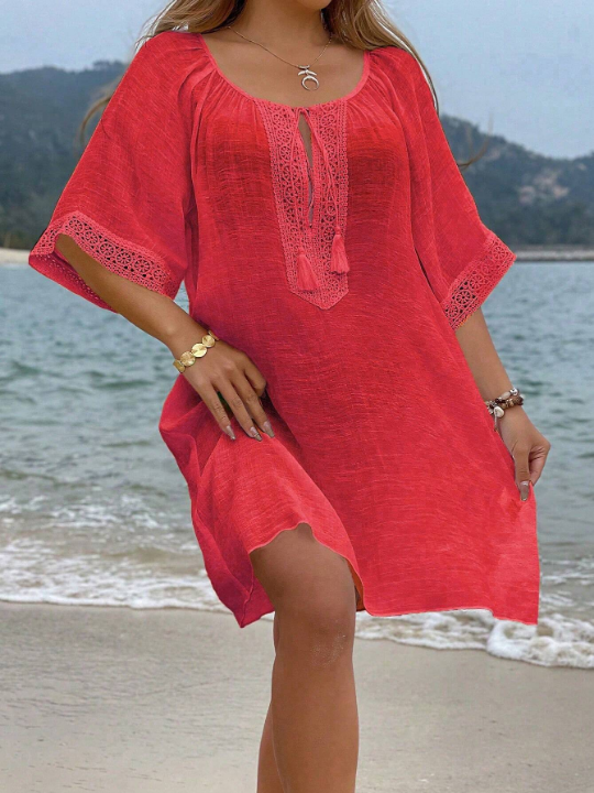 VCAY Tassel Tie Neck Contrast Lace Batwing Sleeve Cover Up Dress