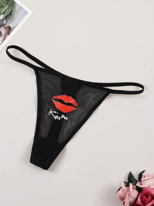 Ladies Sexy Mesh Translucent Thong Panties With English Letters