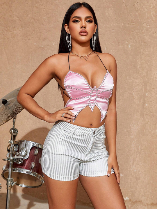 Apperloth A Rave High Waist Slant Pocket Metallic Silver Stripe Print PU Leather Festival Mini Shorts