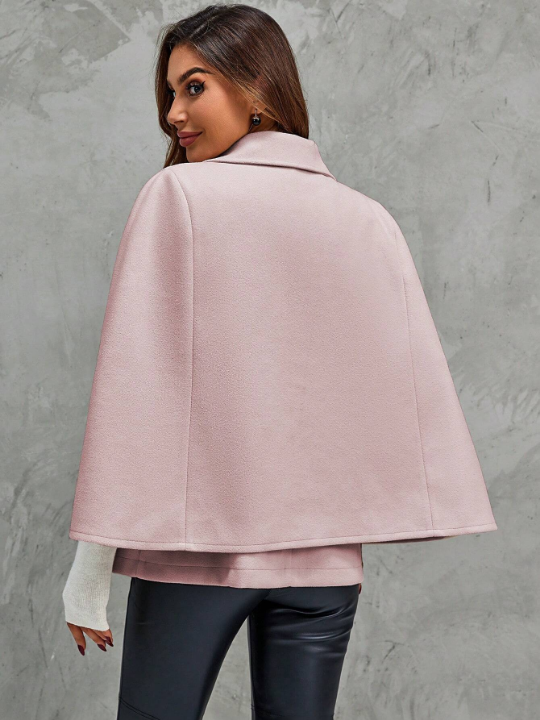 Women's Pink Lapel Neck Cape Sleeve Woolen Coat With Bow Decoration