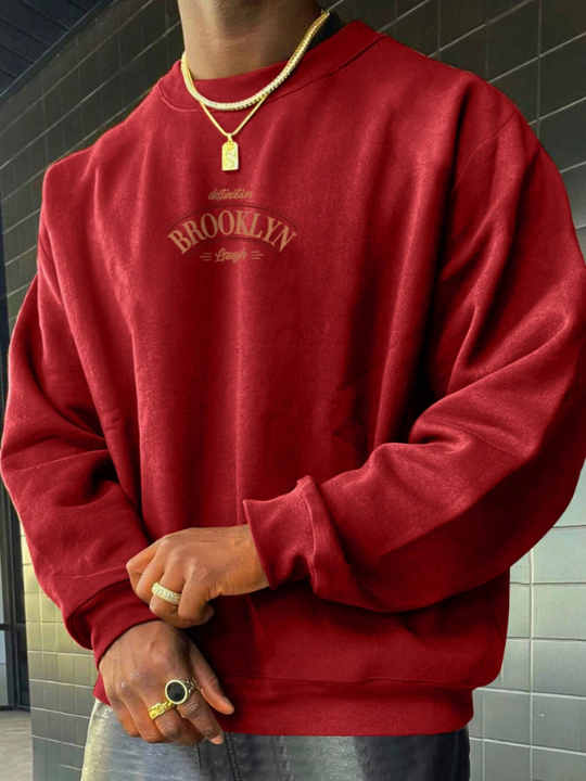 Men's Casual Fleece Sweatshirt With Letter Print And Round Neckline