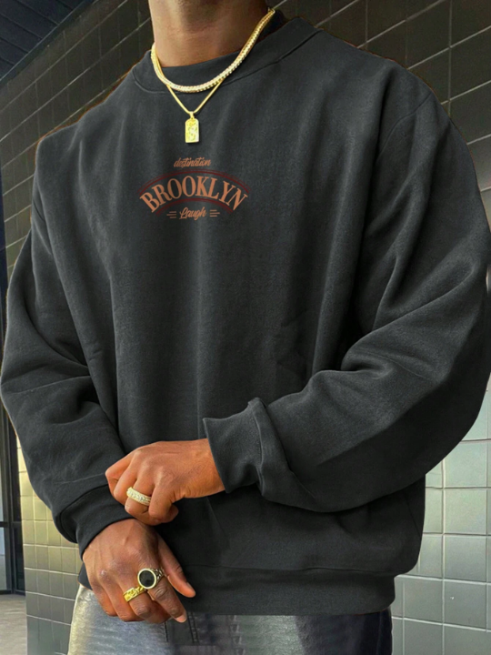 Men's Casual Fleece Letter Printed Round Neck Sweatshirt