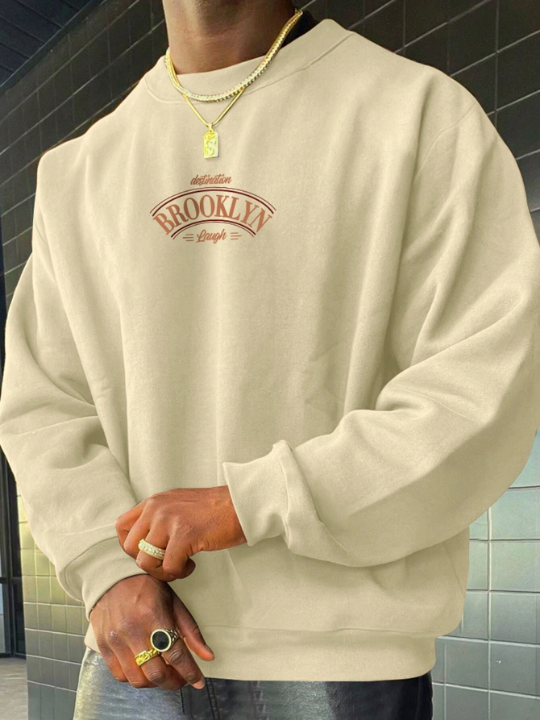 Men's Round Neck Casual Fleece Sweatshirt With Letter Print Design