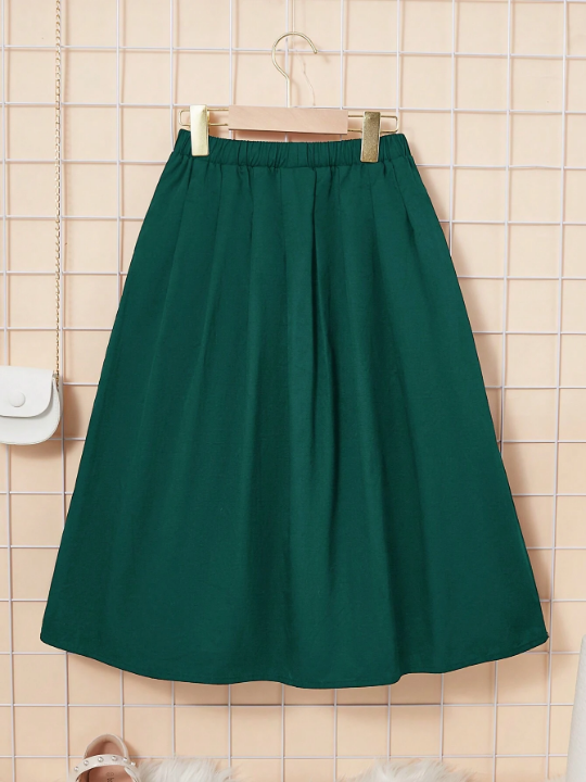 Tween Girls' Elastic Waist A-Line Skirt With Loose Pleats And Midi Length