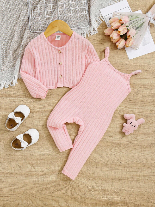 Baby Girls' Casual Knitted Pink Jumpsuit With Strap And Long Sleeve Cardigan Outfit