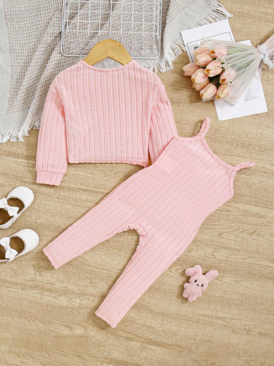 Baby Girls' Casual Knitted Pink Jumpsuit With Strap And Long Sleeve Cardigan Outfit