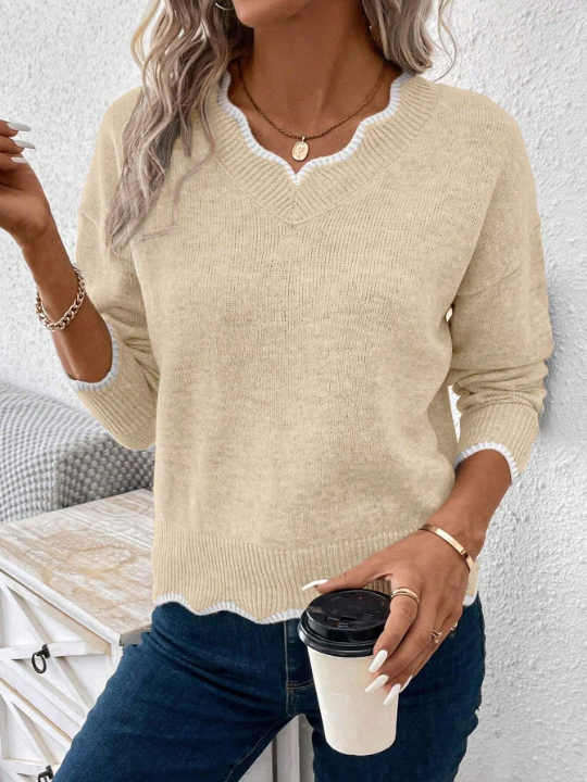 LUNE Contrast Scallop Trim Drop Shoulder Sweater