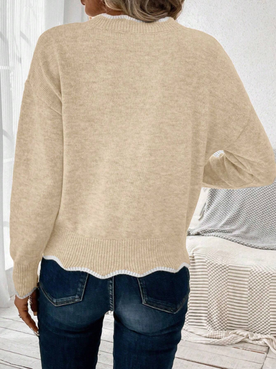 LUNE Contrast Scallop Trim Drop Shoulder Sweater