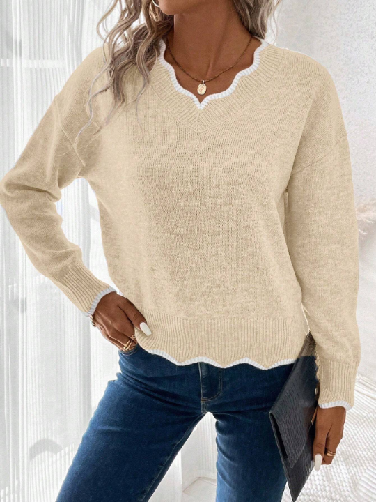 LUNE Contrast Scallop Trim Drop Shoulder Sweater