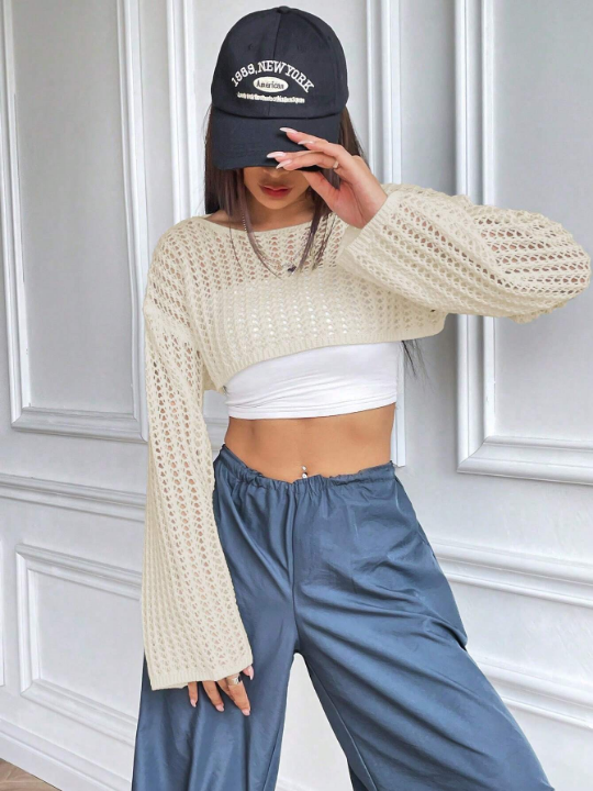 Women's Solid Color Hollow Cropped Sweater