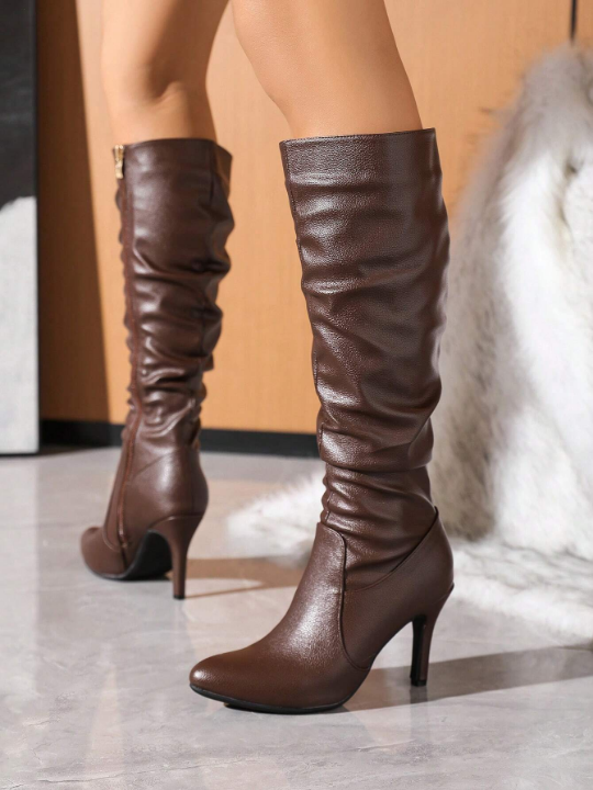 Women's Over-the-knee Boots With Thin High Heels, Deep Brown, Random Wrinkle Detail, Winter